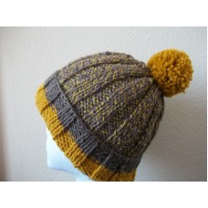 Hand knitted warm and cozy beanie/hat with pompom  brown/gold  eb-19121829
